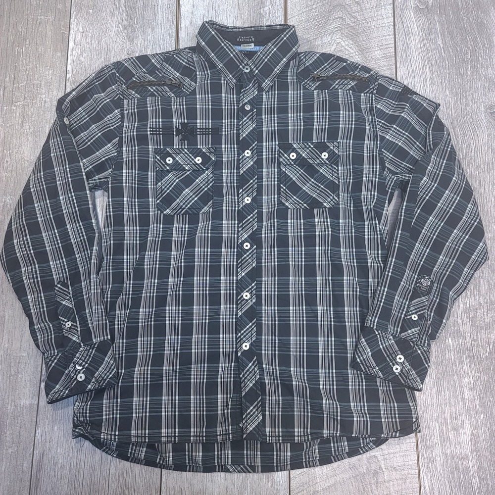 Roar Button Up Shirt Mens XL Black Plaid Strength Refined Embroidered Grunge